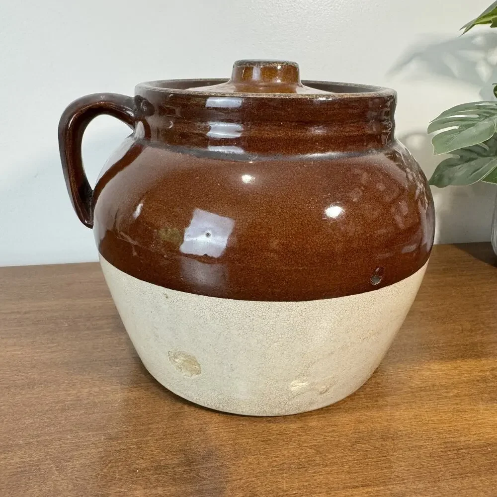 Vintage Bristol Pottery 3 Qt Brown Stoneware Bean Pot Crock w/ Lid Crown Mark